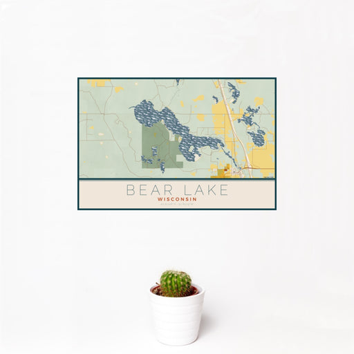 12x18 Bear Lake Wisconsin Map Print Landscape Orientation in Woodblock Style With Small Cactus Plant in White Planter