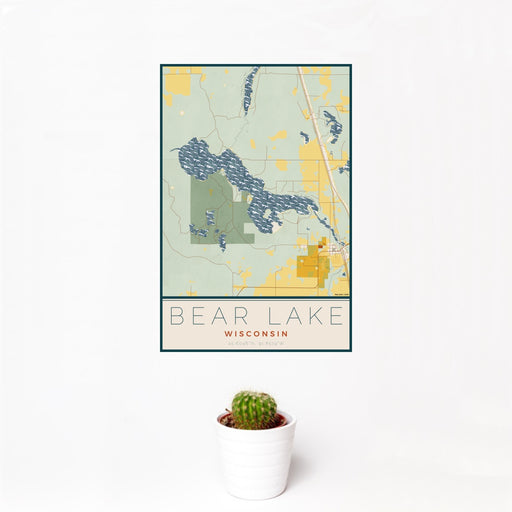 12x18 Bear Lake Wisconsin Map Print Portrait Orientation in Woodblock Style With Small Cactus Plant in White Planter