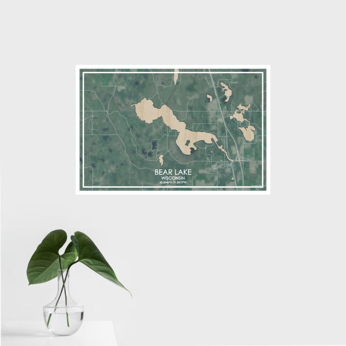 16x24 Bear Lake Wisconsin Map Print Landscape Orientation in Afternoon Style With Tropical Plant Leaves in Water