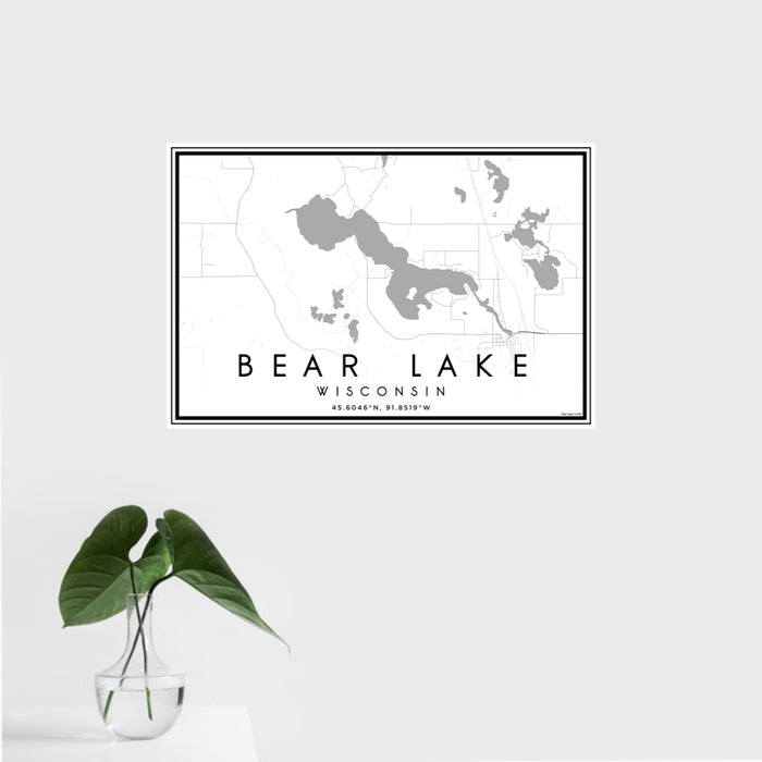 16x24 Bear Lake Wisconsin Map Print Landscape Orientation in Classic Style With Tropical Plant Leaves in Water