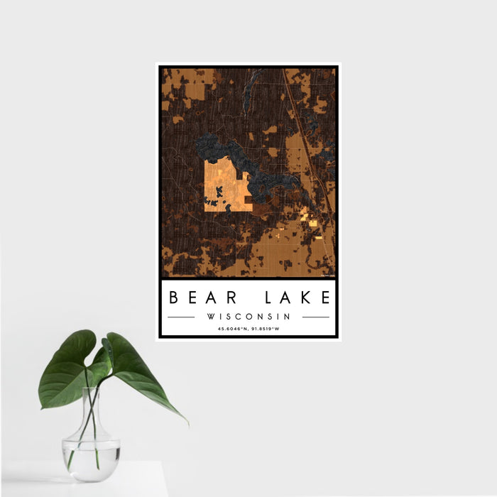 16x24 Bear Lake Wisconsin Map Print Portrait Orientation in Ember Style With Tropical Plant Leaves in Water