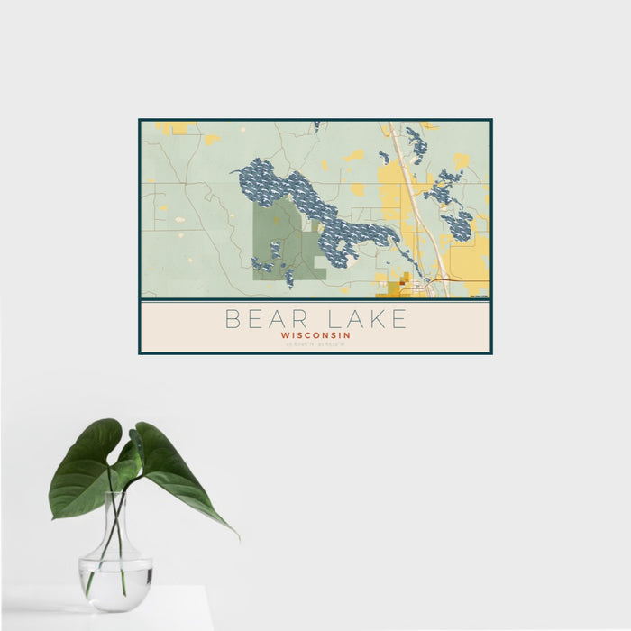 16x24 Bear Lake Wisconsin Map Print Landscape Orientation in Woodblock Style With Tropical Plant Leaves in Water