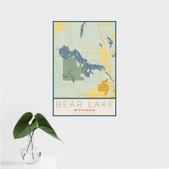 16x24 Bear Lake Wisconsin Map Print Portrait Orientation in Woodblock Style With Tropical Plant Leaves in Water