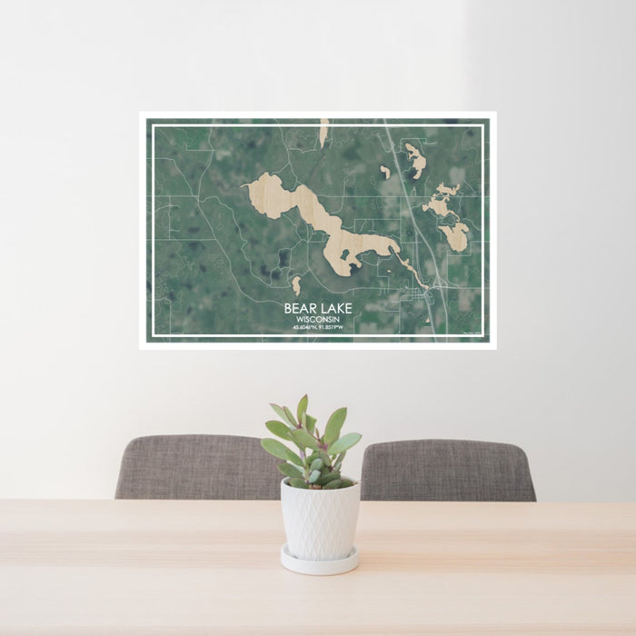24x36 Bear Lake Wisconsin Map Print Lanscape Orientation in Afternoon Style Behind 2 Chairs Table and Potted Plant