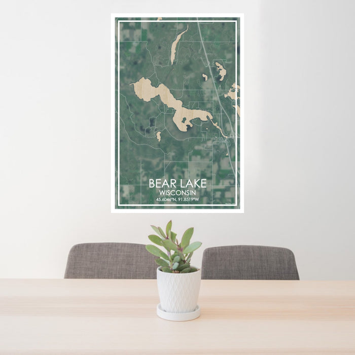 24x36 Bear Lake Wisconsin Map Print Portrait Orientation in Afternoon Style Behind 2 Chairs Table and Potted Plant