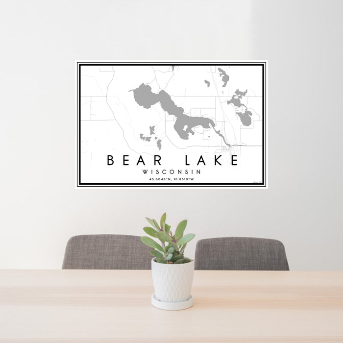 24x36 Bear Lake Wisconsin Map Print Lanscape Orientation in Classic Style Behind 2 Chairs Table and Potted Plant
