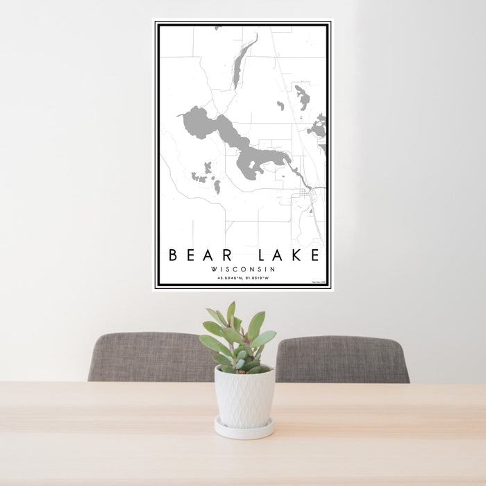 24x36 Bear Lake Wisconsin Map Print Portrait Orientation in Classic Style Behind 2 Chairs Table and Potted Plant