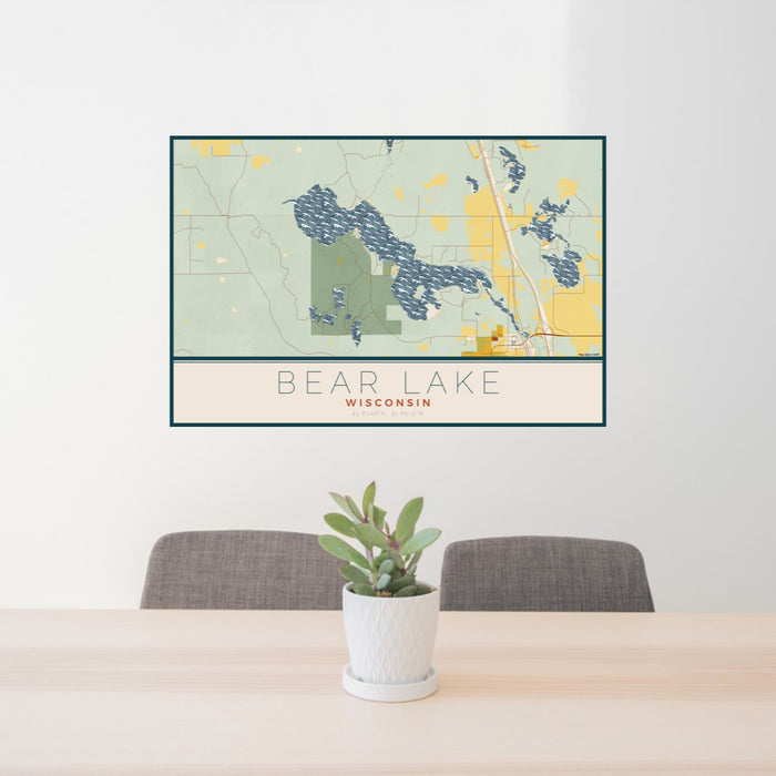 24x36 Bear Lake Wisconsin Map Print Lanscape Orientation in Woodblock Style Behind 2 Chairs Table and Potted Plant