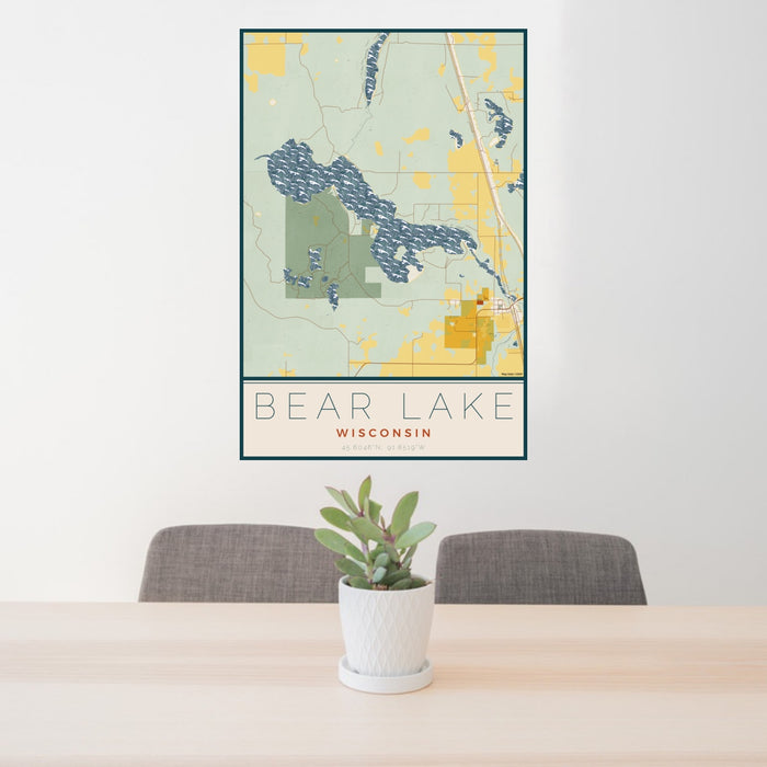 24x36 Bear Lake Wisconsin Map Print Portrait Orientation in Woodblock Style Behind 2 Chairs Table and Potted Plant