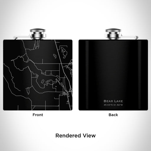 Rendered View of Bear Lake Wisconsin Map Engraving on 6oz Stainless Steel Flask in Black