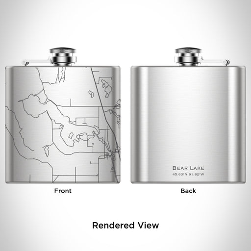 Rendered View of Bear Lake Wisconsin Map Engraving on 6oz Stainless Steel Flask