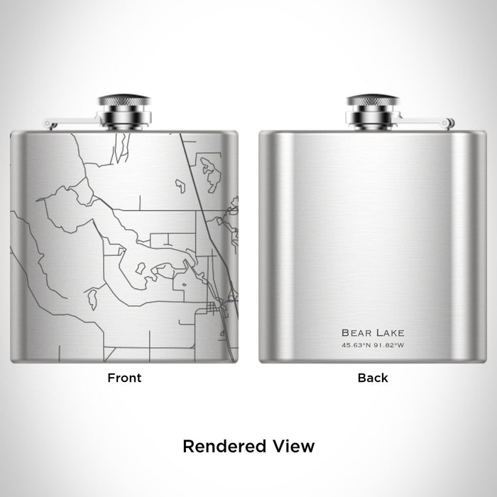 Rendered View of Bear Lake Wisconsin Map Engraving on 6oz Stainless Steel Flask