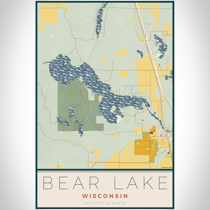 Bear Lake Wisconsin Map Print Portrait Orientation in Woodblock Style With Shaded Background