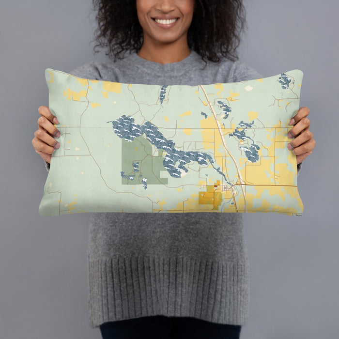Person holding 20x12 Custom Bear Lake Wisconsin Map Throw Pillow in Woodblock