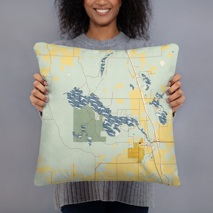 Person holding 18x18 Custom Bear Lake Wisconsin Map Throw Pillow in Woodblock