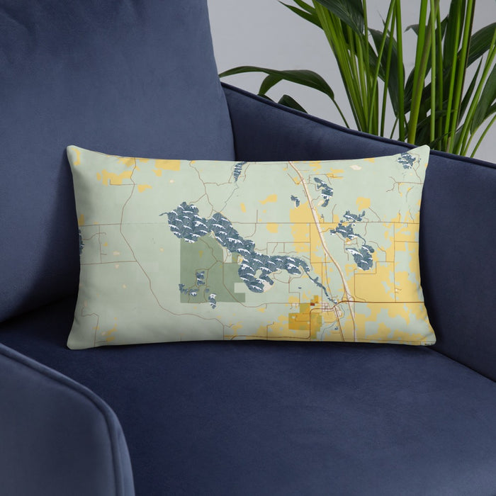 Custom Bear Lake Wisconsin Map Throw Pillow in Woodblock on Blue Colored Chair