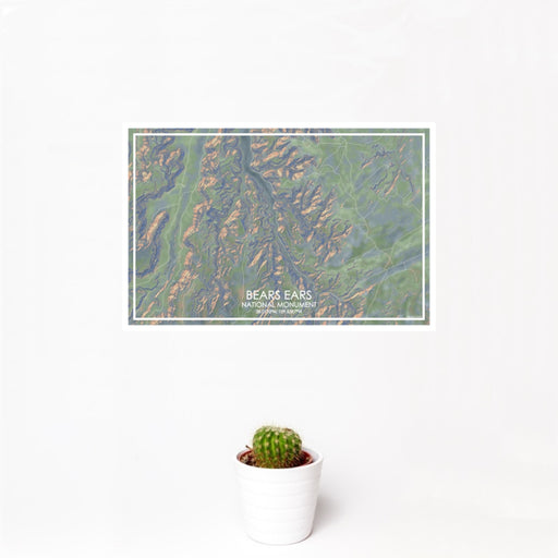 12x18 Bears Ears National Monument Map Print Landscape Orientation in Afternoon Style With Small Cactus Plant in White Planter