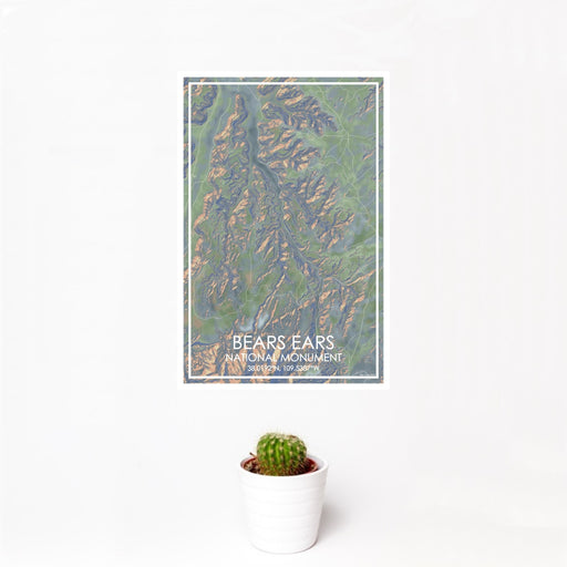 12x18 Bears Ears National Monument Map Print Portrait Orientation in Afternoon Style With Small Cactus Plant in White Planter