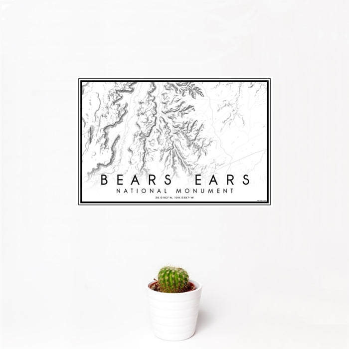 12x18 Bears Ears National Monument Map Print Landscape Orientation in Classic Style With Small Cactus Plant in White Planter