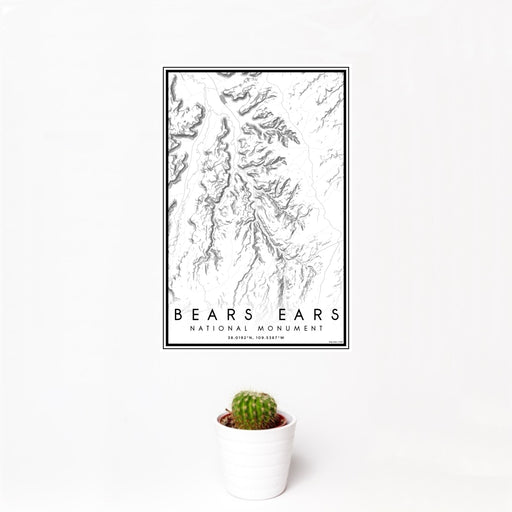 12x18 Bears Ears National Monument Map Print Portrait Orientation in Classic Style With Small Cactus Plant in White Planter