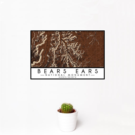 12x18 Bears Ears National Monument Map Print Landscape Orientation in Ember Style With Small Cactus Plant in White Planter