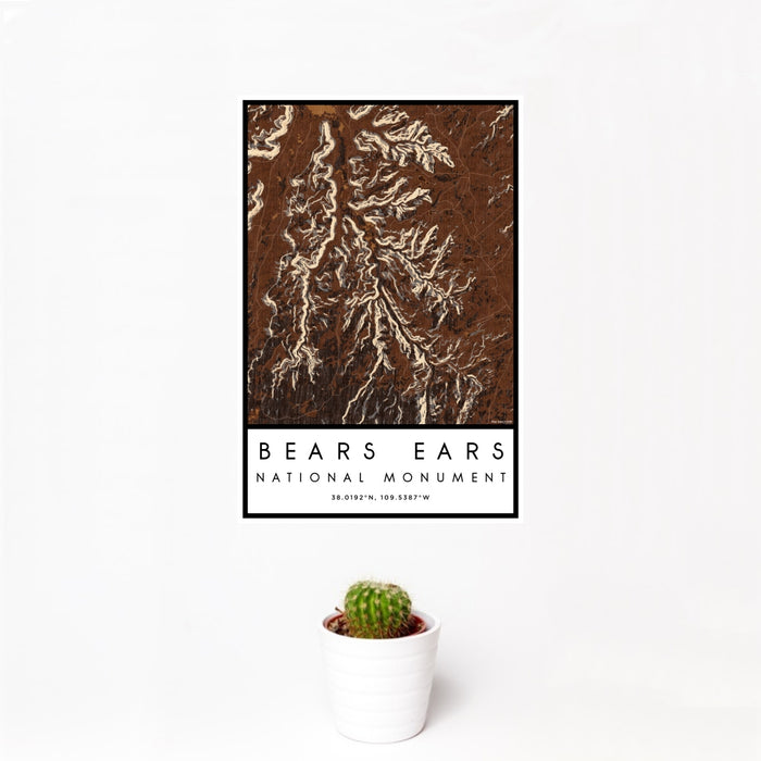 12x18 Bears Ears National Monument Map Print Portrait Orientation in Ember Style With Small Cactus Plant in White Planter