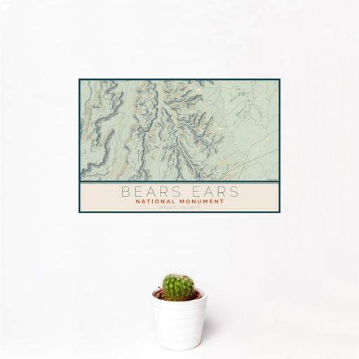 12x18 Bears Ears National Monument Map Print Landscape Orientation in Woodblock Style With Small Cactus Plant in White Planter