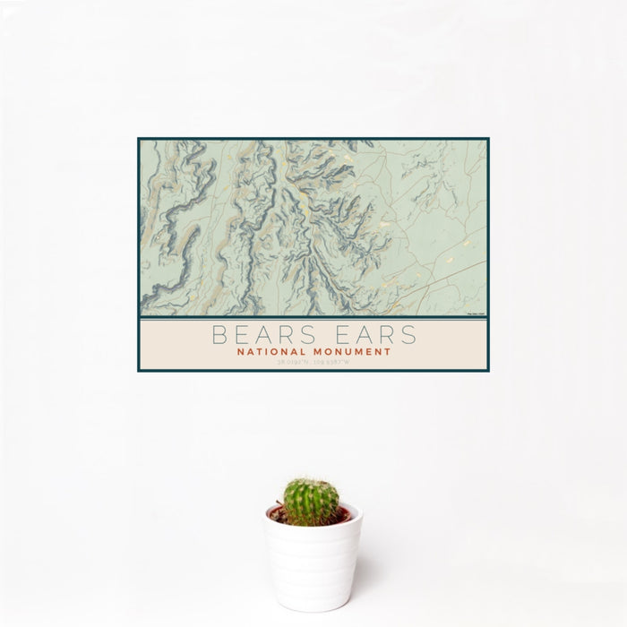 12x18 Bears Ears National Monument Map Print Landscape Orientation in Woodblock Style With Small Cactus Plant in White Planter
