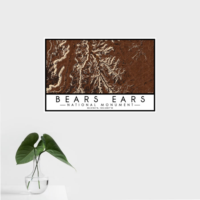 16x24 Bears Ears National Monument Map Print Landscape Orientation in Ember Style With Tropical Plant Leaves in Water