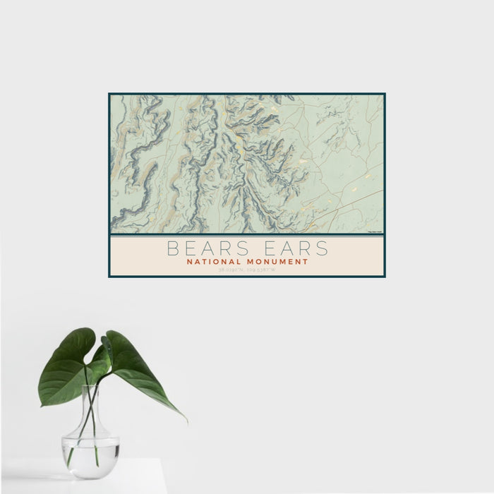 16x24 Bears Ears National Monument Map Print Landscape Orientation in Woodblock Style With Tropical Plant Leaves in Water