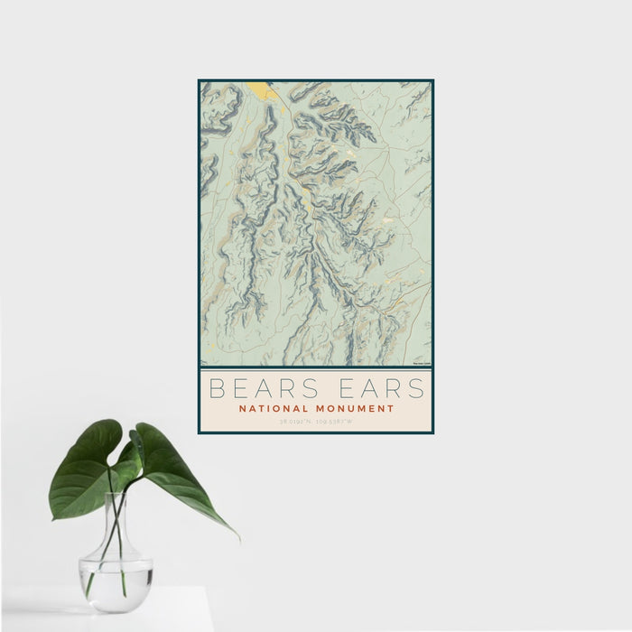 16x24 Bears Ears National Monument Map Print Portrait Orientation in Woodblock Style With Tropical Plant Leaves in Water