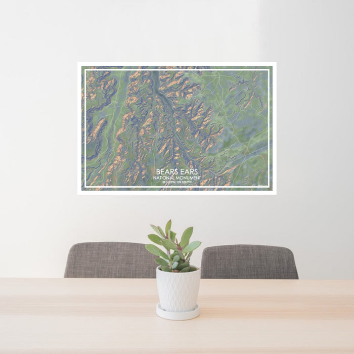 24x36 Bears Ears National Monument Map Print Lanscape Orientation in Afternoon Style Behind 2 Chairs Table and Potted Plant