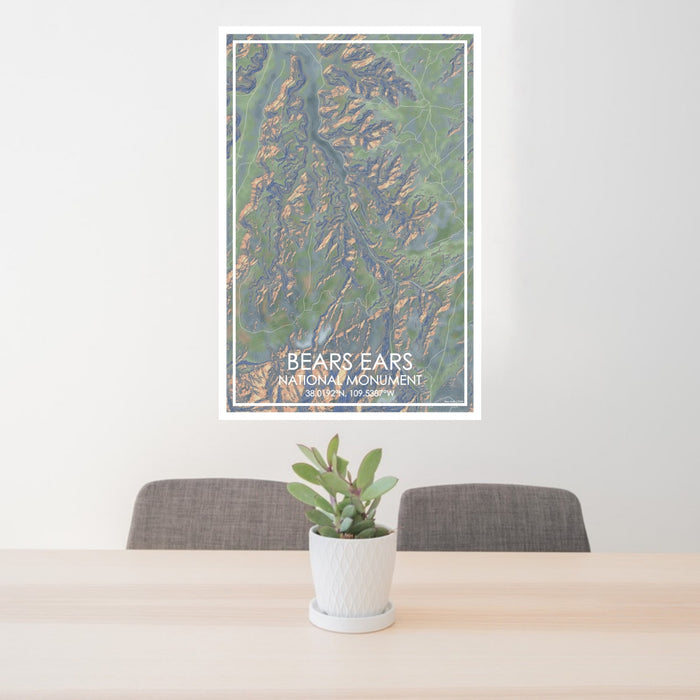 24x36 Bears Ears National Monument Map Print Portrait Orientation in Afternoon Style Behind 2 Chairs Table and Potted Plant