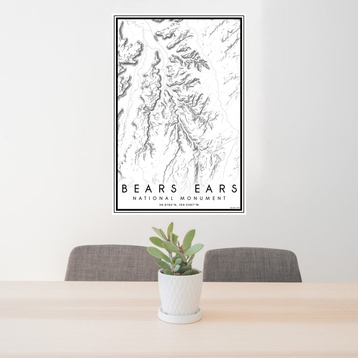 24x36 Bears Ears National Monument Map Print Portrait Orientation in Classic Style Behind 2 Chairs Table and Potted Plant