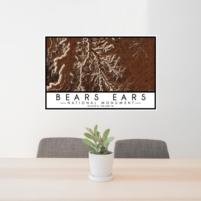 24x36 Bears Ears National Monument Map Print Lanscape Orientation in Ember Style Behind 2 Chairs Table and Potted Plant