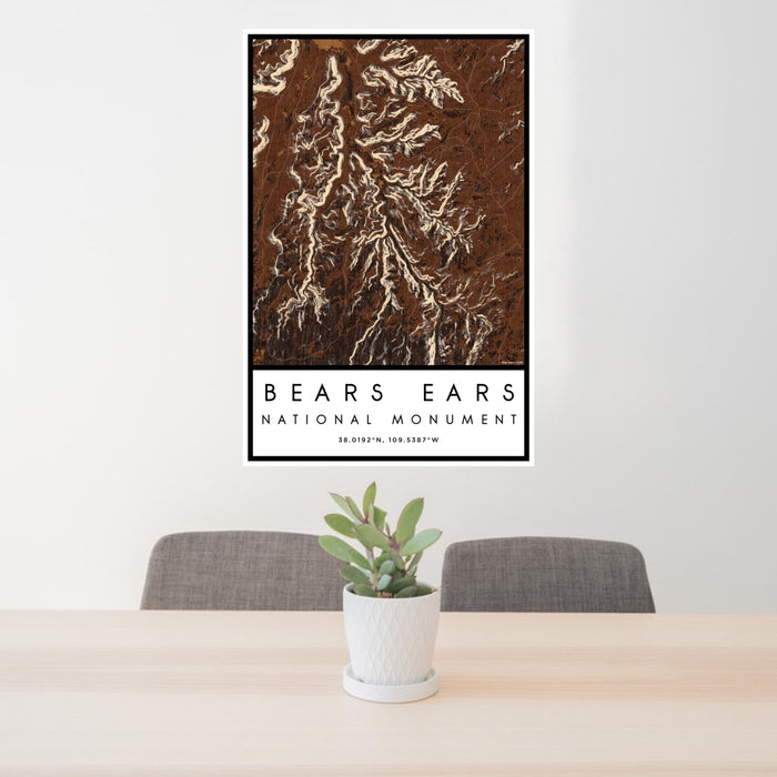 24x36 Bears Ears National Monument Map Print Portrait Orientation in Ember Style Behind 2 Chairs Table and Potted Plant