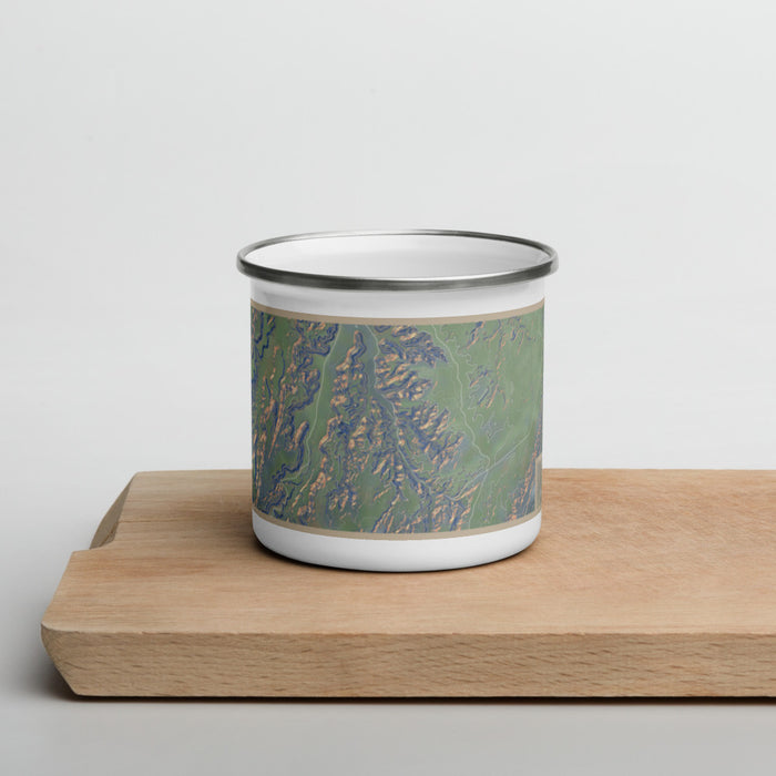 Front View Custom Bears Ears National Monument Map Enamel Mug in Afternoon on Cutting Board