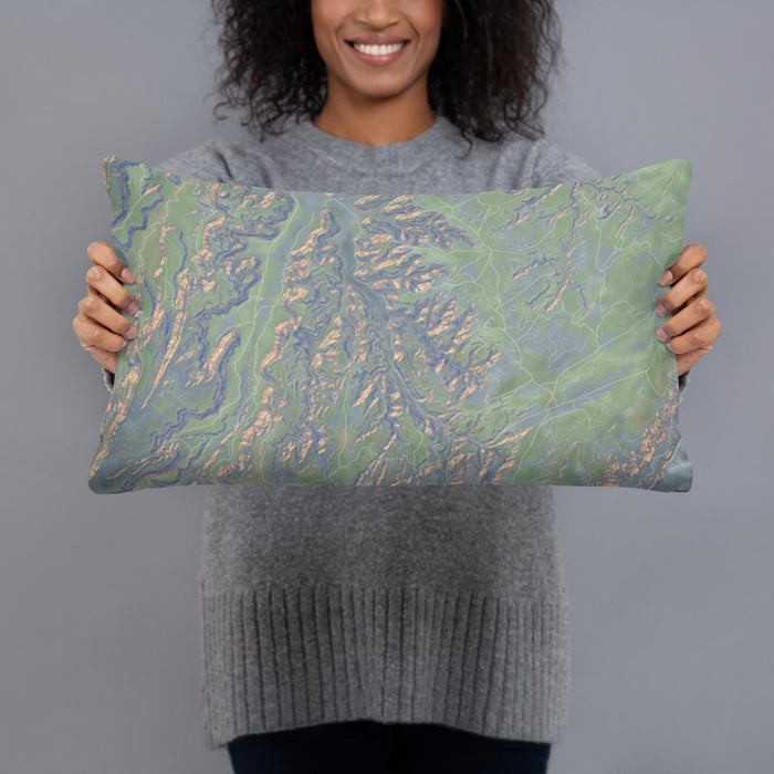 Person holding 20x12 Custom Bears Ears National Monument Map Throw Pillow in Afternoon