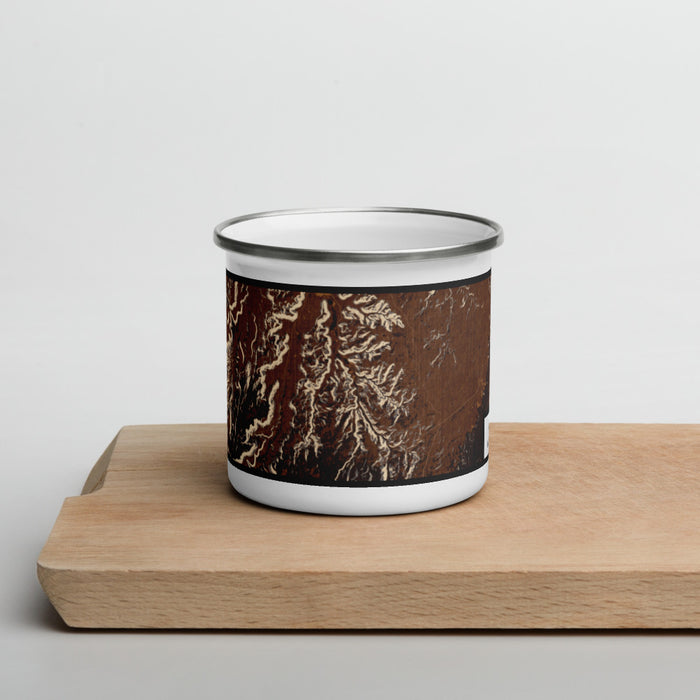 Front View Custom Bears Ears National Monument Map Enamel Mug in Ember on Cutting Board