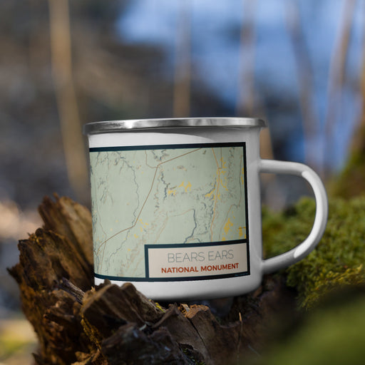 Right View Custom Bears Ears National Monument Map Enamel Mug in Woodblock on Grass With Trees in Background