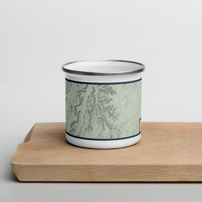 Front View Custom Bears Ears National Monument Map Enamel Mug in Woodblock on Cutting Board