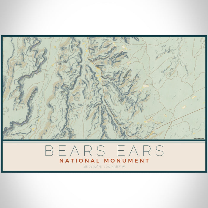 Bears Ears National Monument Map Print Landscape Orientation in Woodblock Style With Shaded Background