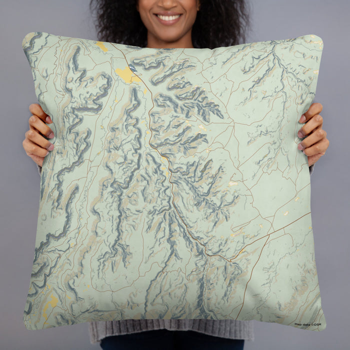 Person holding 22x22 Custom Bears Ears National Monument Map Throw Pillow in Woodblock