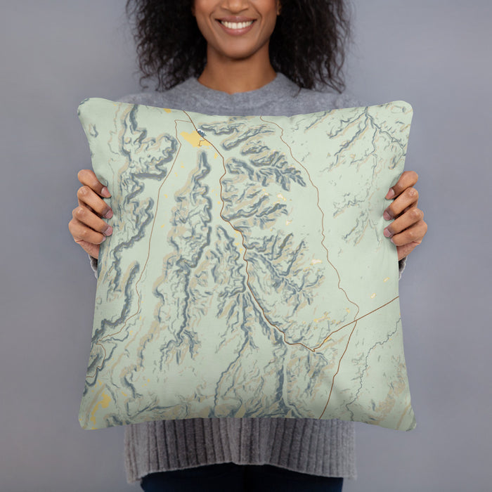 Person holding 18x18 Custom Bears Ears National Monument Map Throw Pillow in Woodblock