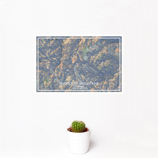 12x18 Beartooth Mountains Montana Map Print Landscape Orientation in Afternoon Style With Small Cactus Plant in White Planter