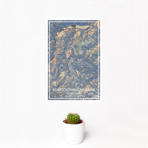 12x18 Beartooth Mountains Montana Map Print Portrait Orientation in Afternoon Style With Small Cactus Plant in White Planter