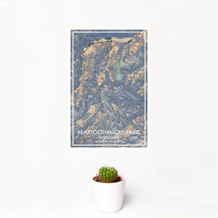 12x18 Beartooth Mountains Montana Map Print Portrait Orientation in Afternoon Style With Small Cactus Plant in White Planter