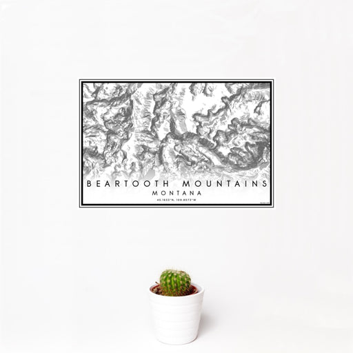 12x18 Beartooth Mountains Montana Map Print Landscape Orientation in Classic Style With Small Cactus Plant in White Planter