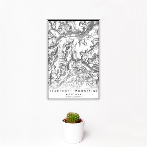 12x18 Beartooth Mountains Montana Map Print Portrait Orientation in Classic Style With Small Cactus Plant in White Planter