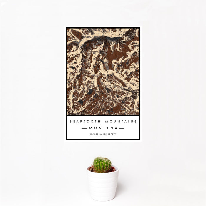 12x18 Beartooth Mountains Montana Map Print Portrait Orientation in Ember Style With Small Cactus Plant in White Planter